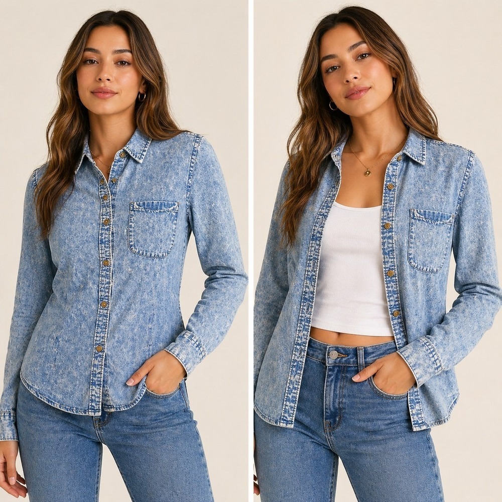 Bongo Acid Wash Chambray Denim Shirt Womens M Blue Button Front Y2K